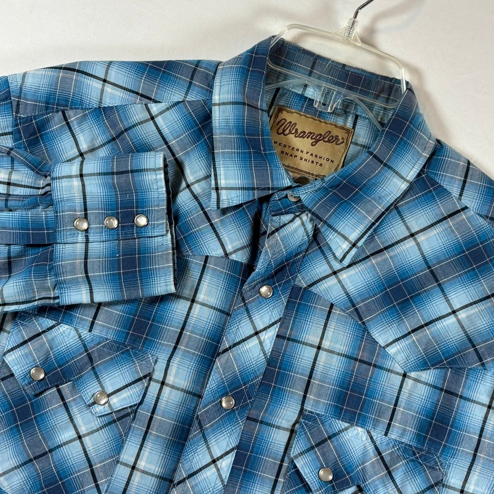 Wrangler Western Fashion Snap Shirt Mens Large Blue Plaid Pearl Snap WM1991BL